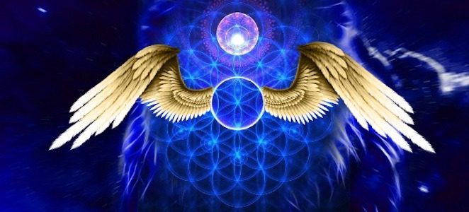 gold wings and orb in front of a blue metaphysical pattern