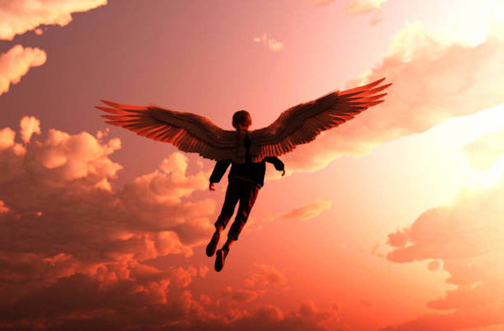 a figure with angel wings flies chest forward up into a pink sky